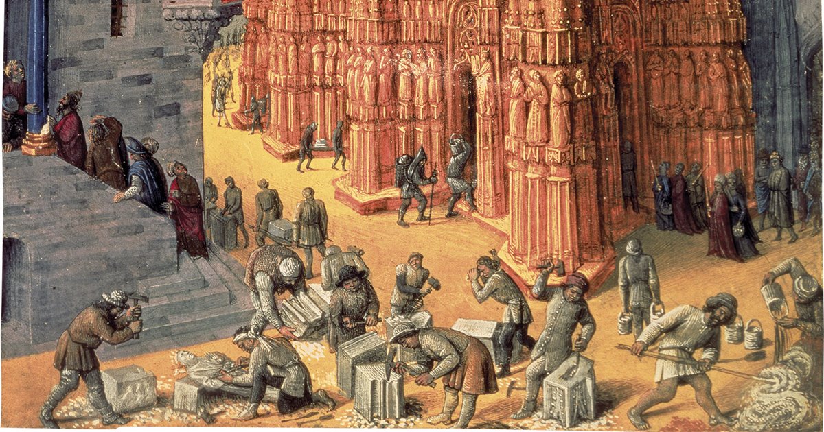La costruzione del tempio di Gerusalemme. In realtà questa miniatura mostra il lavoro dei muratori intorno al 1470, quando fu dipinta